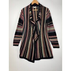 Orvis Duster Cardigan‎ Sweater Womens Medium Black Open Front Aztec Stripe Boho